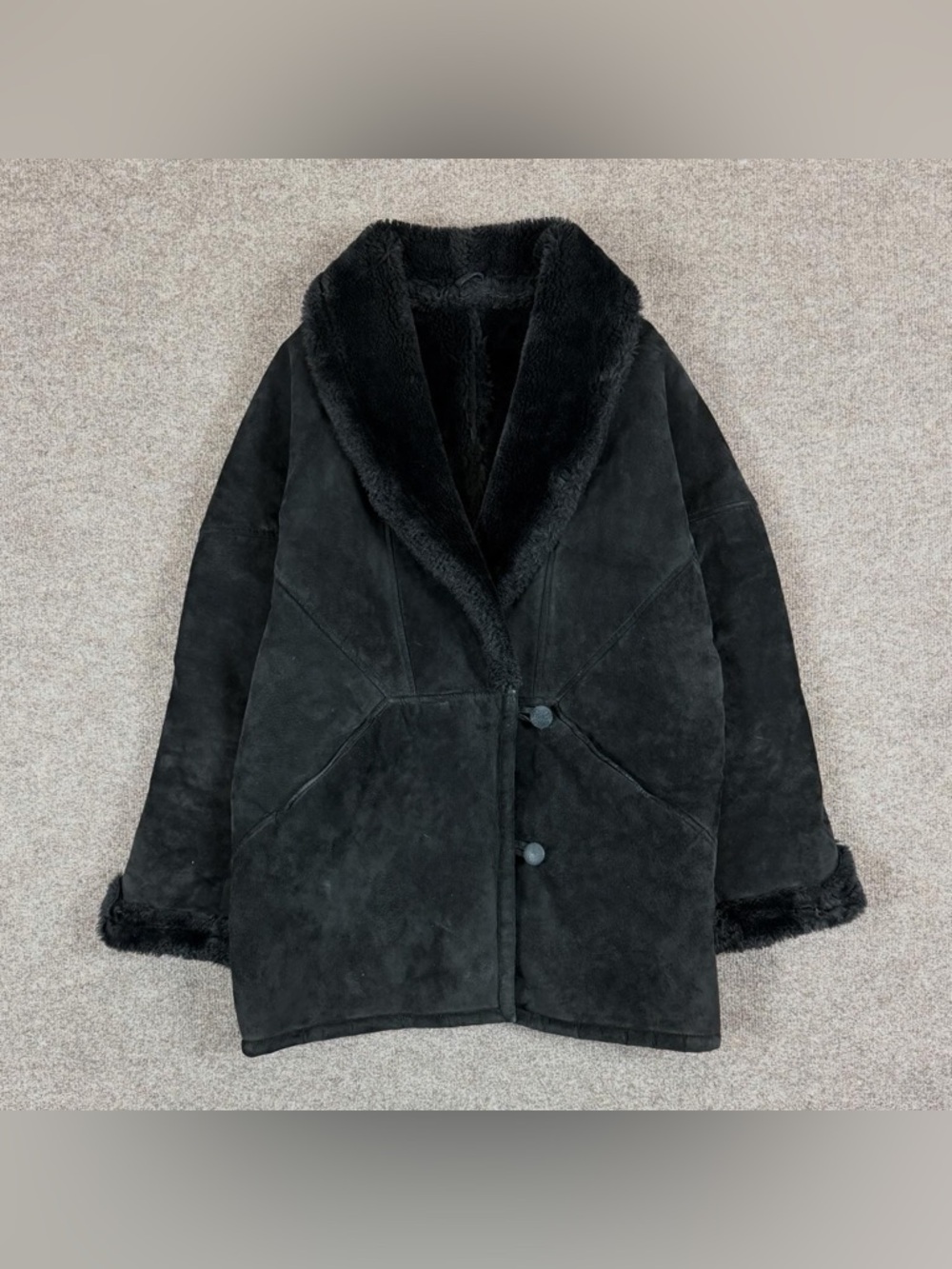 Vtg Zenia Black Suede Leather Coat Women’s Xl Faux Shearling Lined Shawl Collar